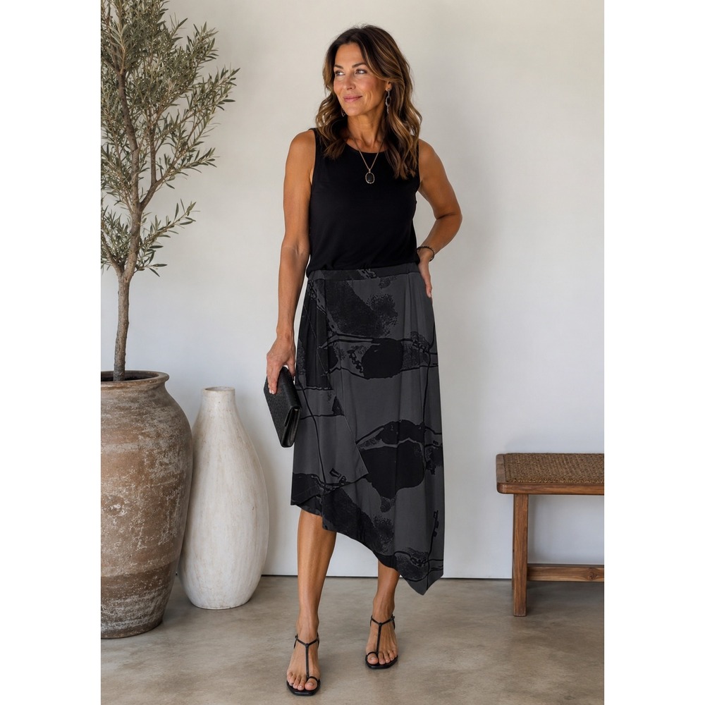 Porto Grey Black Abstract Asymmetrical Italian Fabric Skirt Sz 3 Large Lagenlook